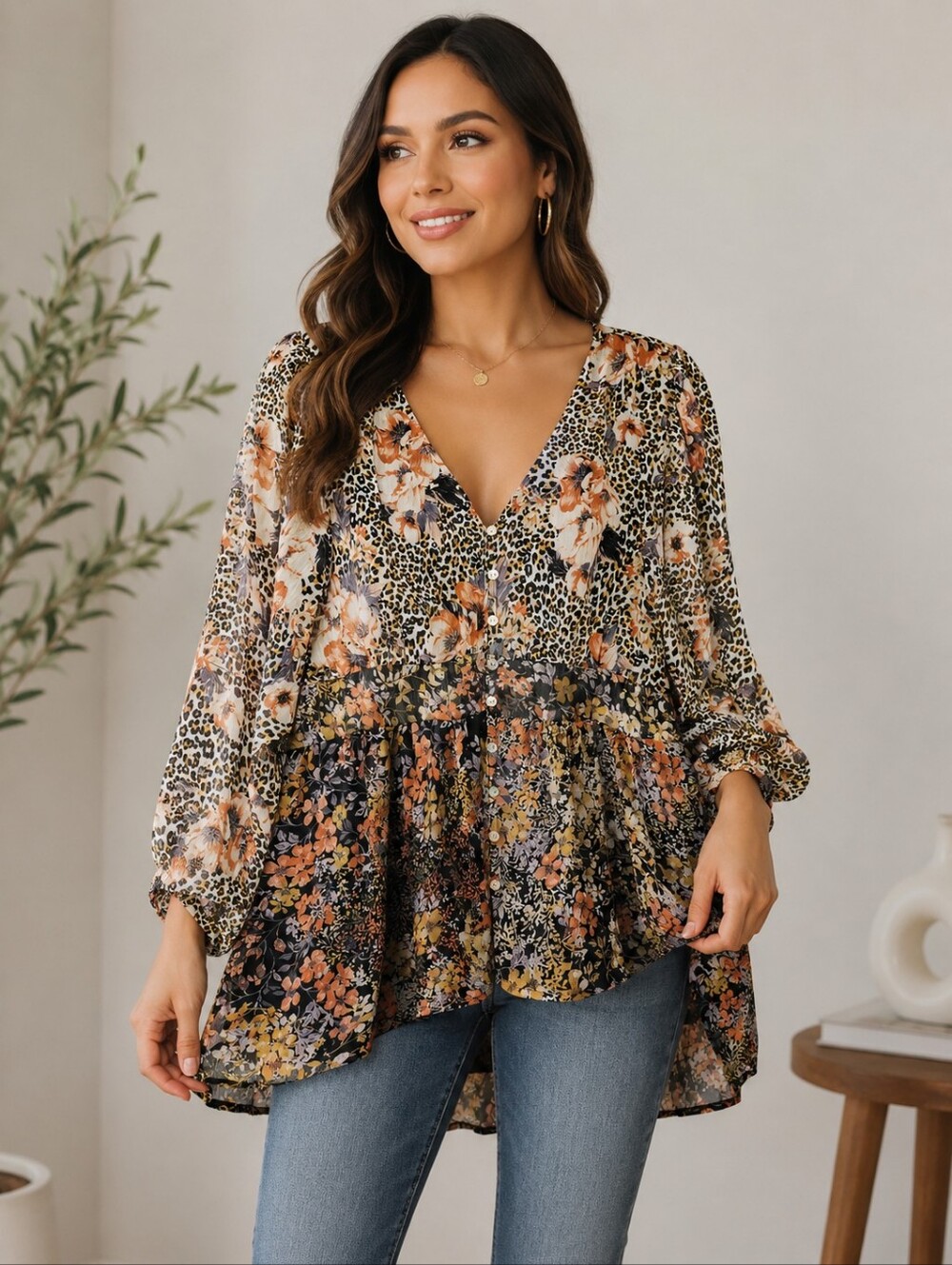 Fig and Flower Boho Mixed & Floral Leopard V-Neck Babydoll Peasant Blouse